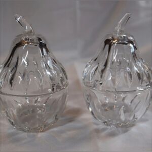 Vintage Pair of Crystal Art Glass Pear Shaped Jar W/Lid Sugar, Jelly, Condiments